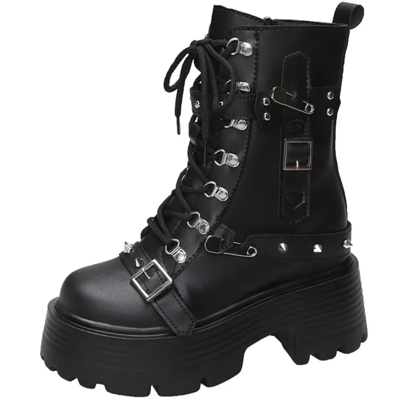 New Women Leather Punk Boots High Platform Chunky Sneakers Autumn 9CM Wedge Heels Mid-Calf Boots Woman Winter Motorcycle Boots