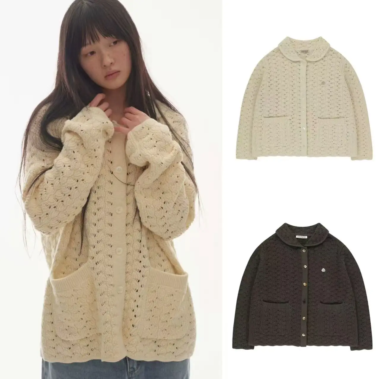 

Retro Sle Long Sve Knitted Cardigan Coat Doll Collar ket Loose Outerwear Commute Sle Autumn Season Color