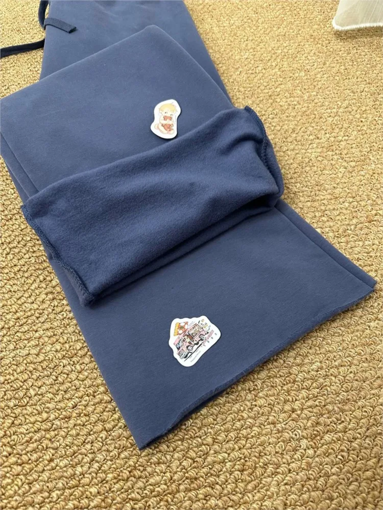 Navy Drawstring Sweatpants Woman Spring Raw Hem Straight Yoga Long Pants Female Vintage Streetwear Cotton Fleece Trousers Y2K
