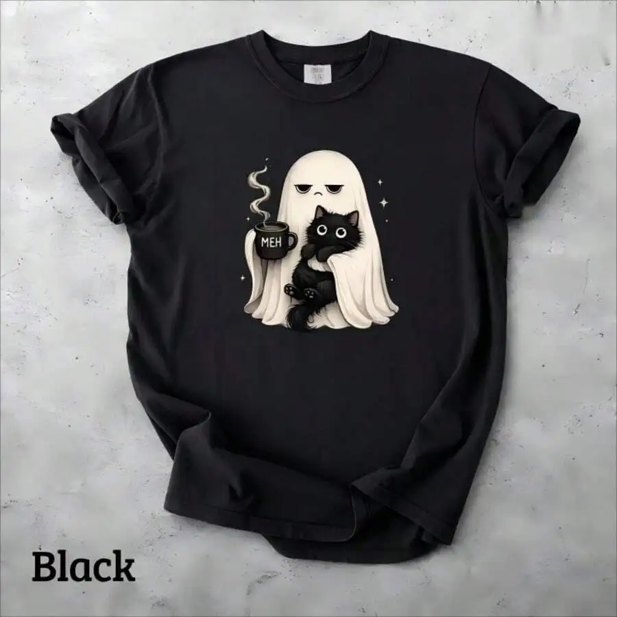 Funny Halloween Ghost Black Cat T-Shirt Women Spooky Season Cute Cartoon Graphic Tees Coffee Lover Gift Casual Autumn Tops