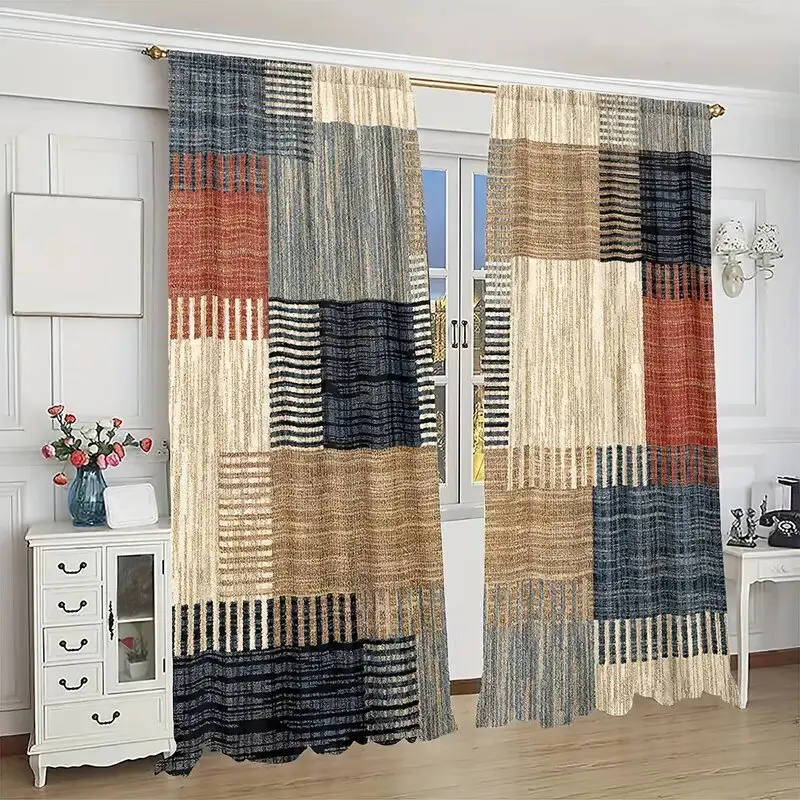 

Patchwork checkered printed curtains, Christmas decorations, bedroom and living room, home decoration, room decoration