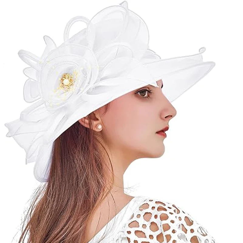 A bow-netting wide-brimmed wedding KY Derby hat suitable for brides church wedding decoration girls summer outing shade