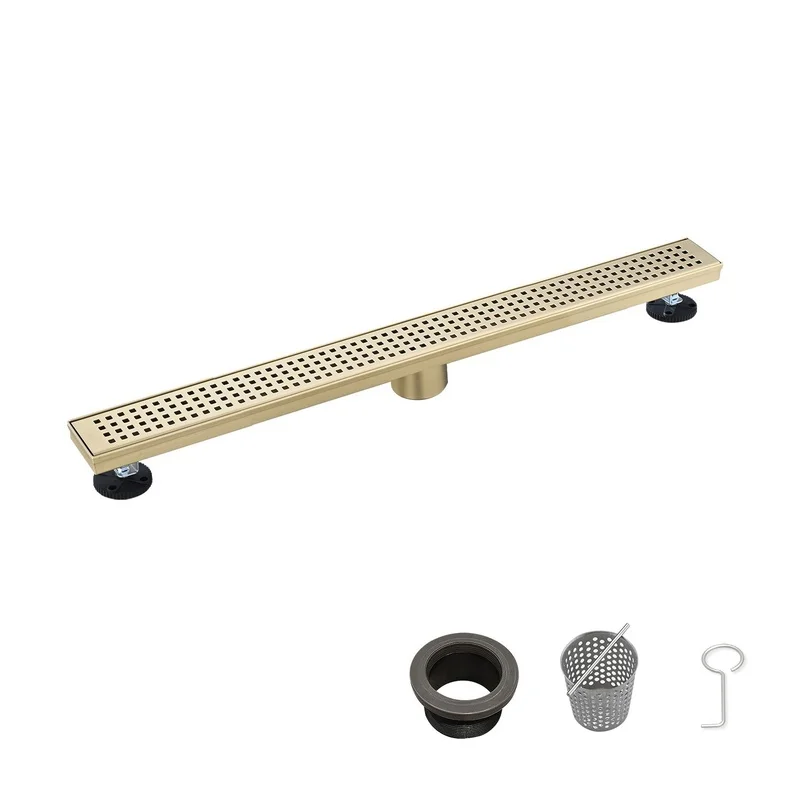 

28" Linear Shower Drain with Removable Quadrato Grate, 304 Stainless Steel Floor Drain, Hair Strainer, Adjustable Feet