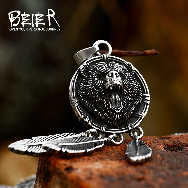 Beier stainless steel Amulet Viking Slavic God Symbol Warding Veles Bear Paw feather Pendant Necklace Jewelry BP8-1146