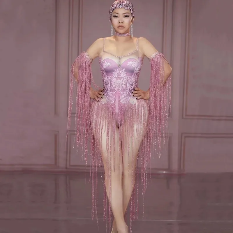 

Sparkly Rhinestones Sequins Fringes Jumpsuit Women Nightclub Dance Costume Performance Tights Singer Stage Tassel Leotard