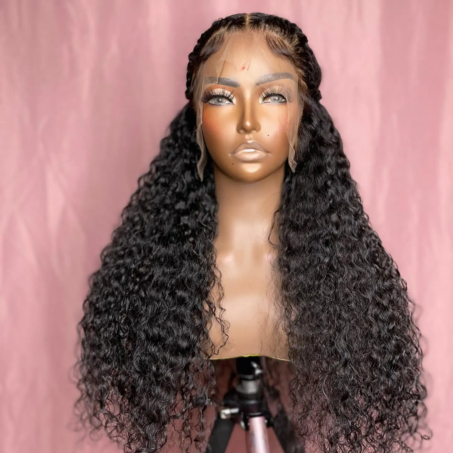 Soft 26inch Natural Black Glueless 180Density Long Kinky Curly Deep Lace Front Wig For Women With Baby Hair Preplucked Daily