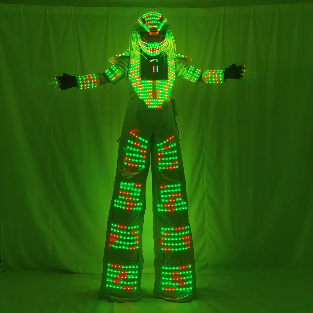 Pixels LED Robot traje disfraz ropa a todo Color pecho inteligente pantalla Stills andador láser guante casco