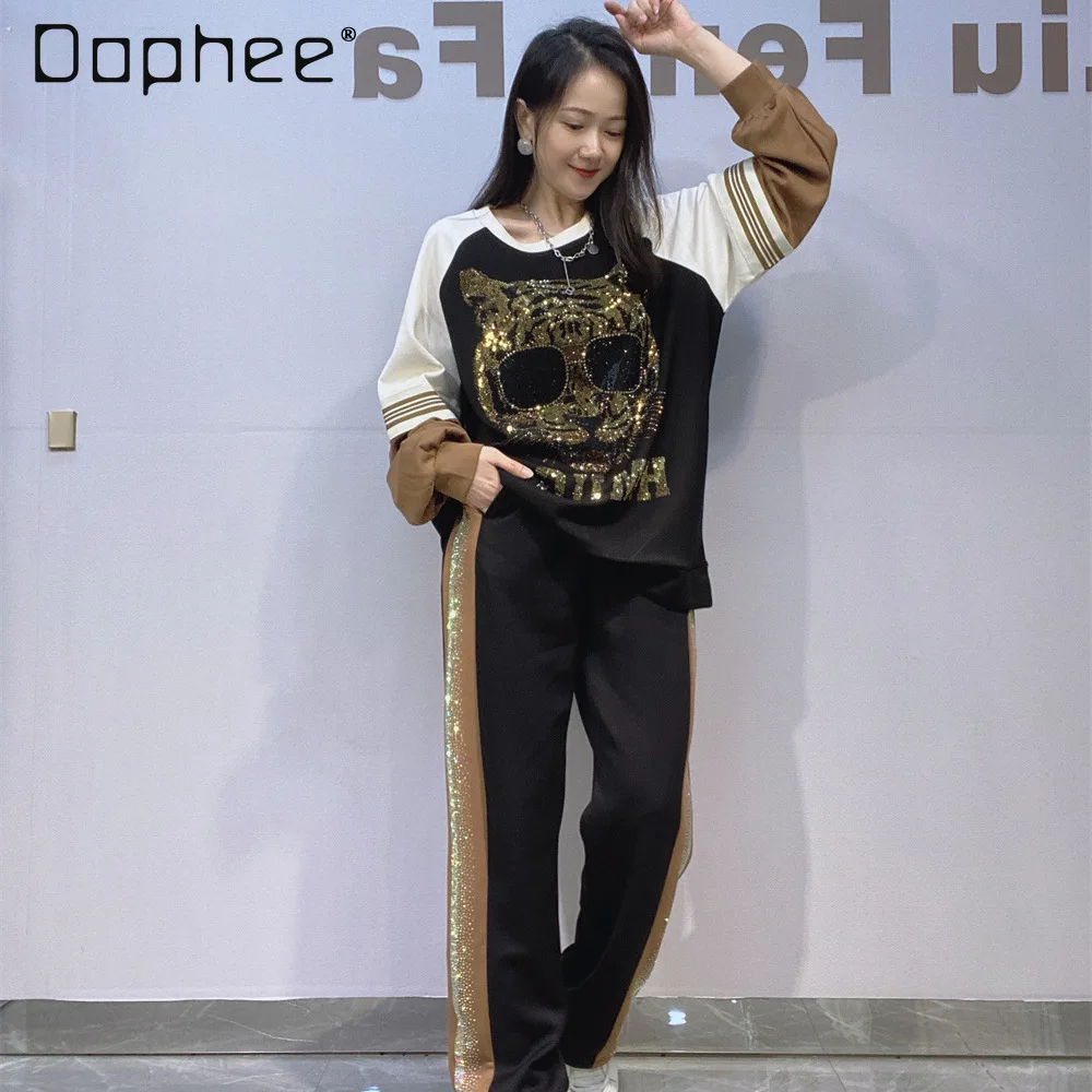 

Women's Pant Sets Long Sleeves Round Neck Pullover Sweatshirts and Pants Rhinestone Patchwork Color Tracksuit Two-Piece Sets