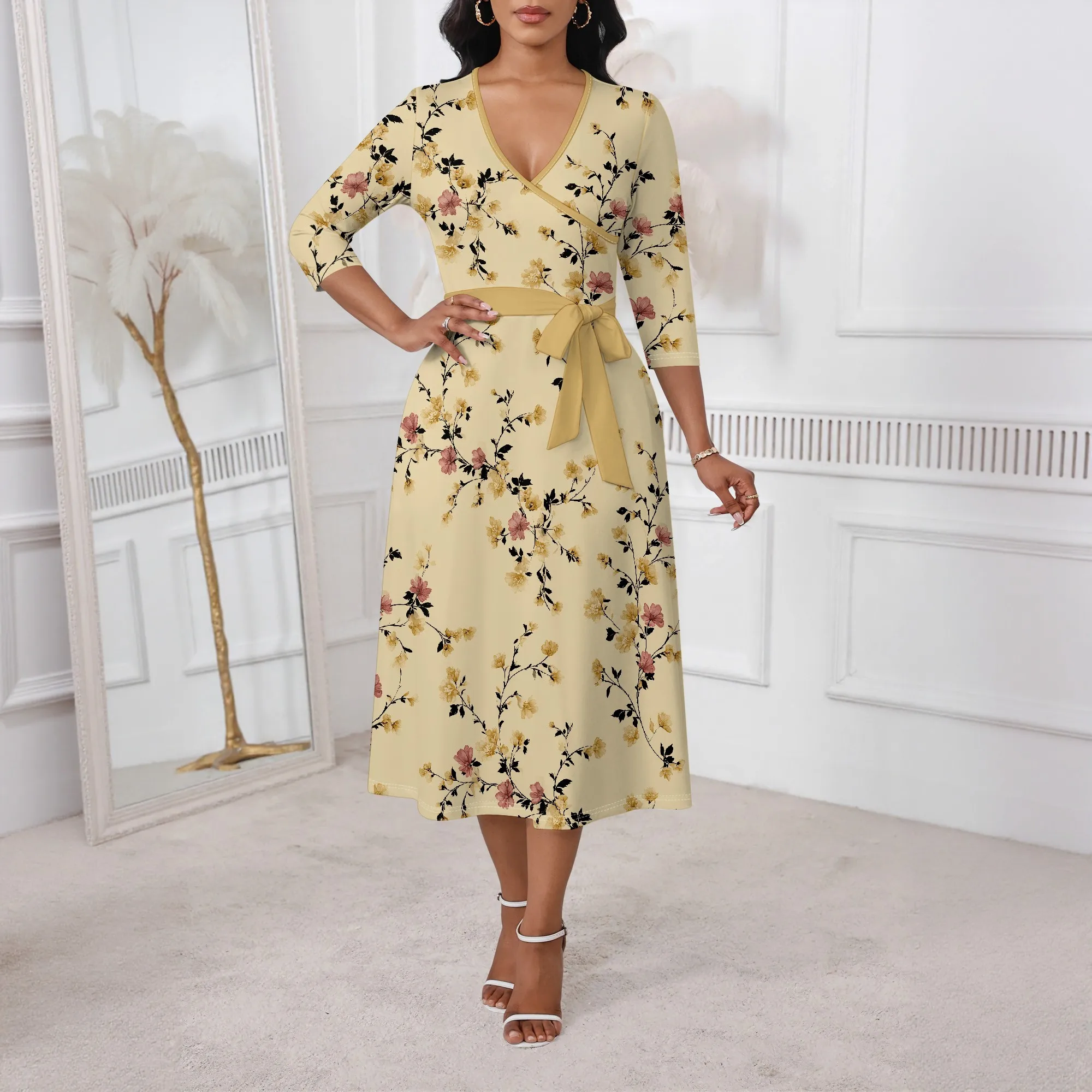 

Nupusa Beige Pink Floral Print Dress for Women Regular Size Casual Surplice V Neck 3/4 Sleeve Belted Midi Dress