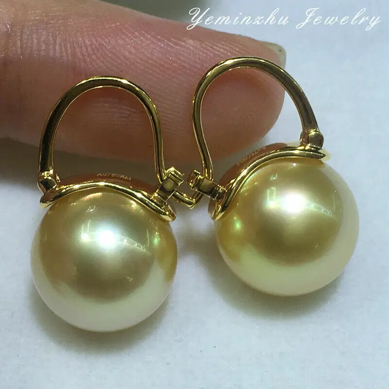 Gorgeous AAAA 11-10mm real natural gold south sea round pearl earrings 925S