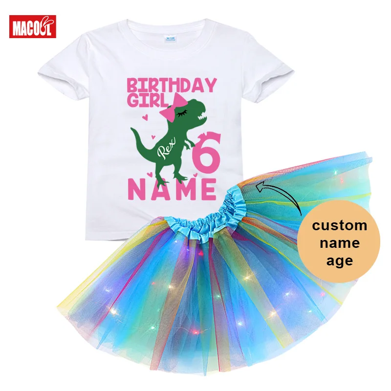 

dinosaur birthday tutu set Girls party outfit LED Lights Dress Rainbow Kids t shirt for Girls 3 4th 5 6 Years Personalized Dino