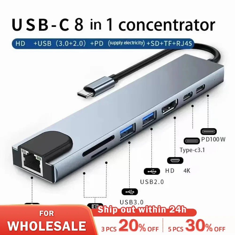 

HDTV 8 in 1 Usb Type C 3 1 To 4k Hub Adapter with Sd Tf Rj45 Card Reader Pd Fast Charge for Macbook Notebook Computer