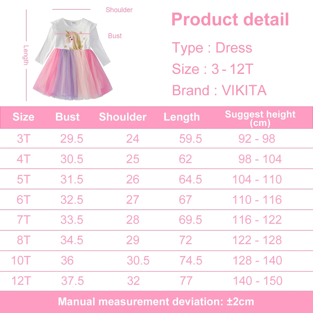 VIKITA Girl Unicorn Cartoon Print Dress Kids Flare Sleeve Autumn Spring Princess Dresses Girls Mesh Tulle Party Vestidos 3-8 Yrs