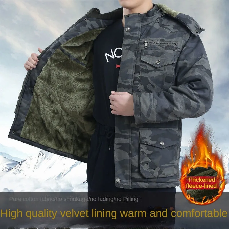 Winter Warm Windproof Labor Protection Top Plush Thickened Cotton Coat Camouflage Electric Welding Machine Repair Work Clothes