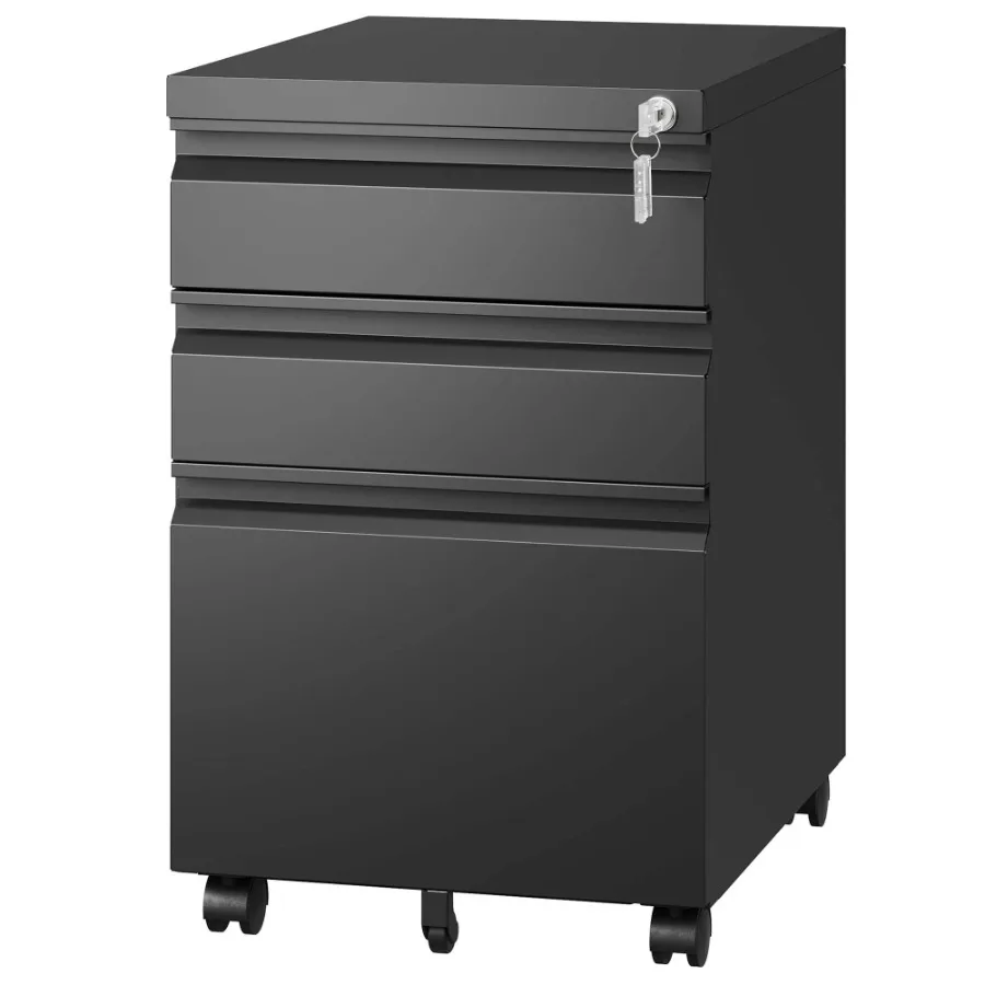 3 Drawer Mobile File Cabinet with Lock Metal Filing Cabinets for Home Office Organizer Letters Legal A4 Fully Assembled Black