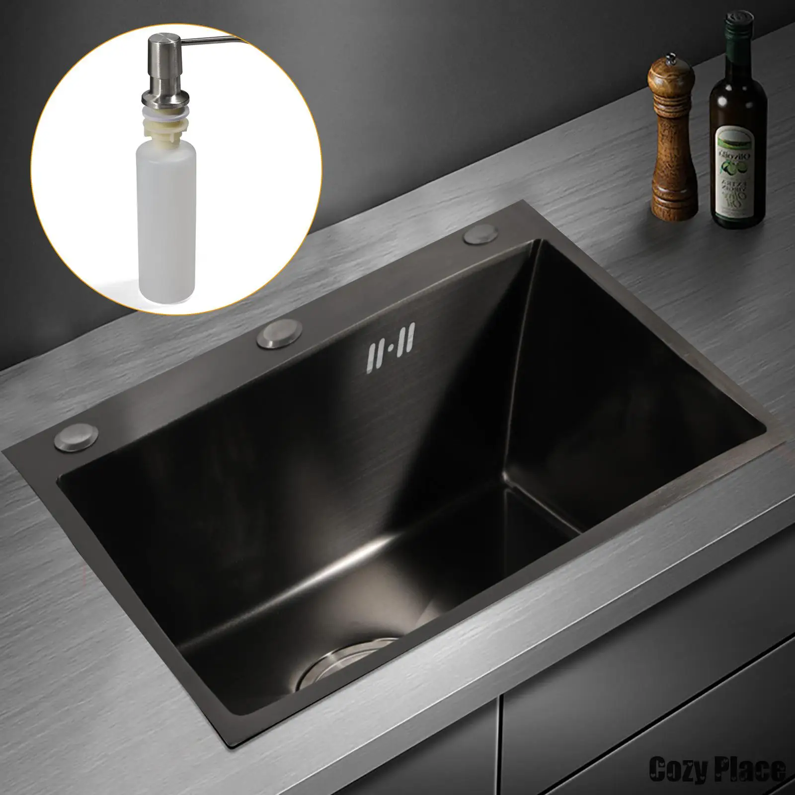 Modern Kitchen Sink Set Stainless Steel Sink on Countertop 1-Slot W/ Vegatable Basin Drain Accessories Soap Dispenser Matt Black