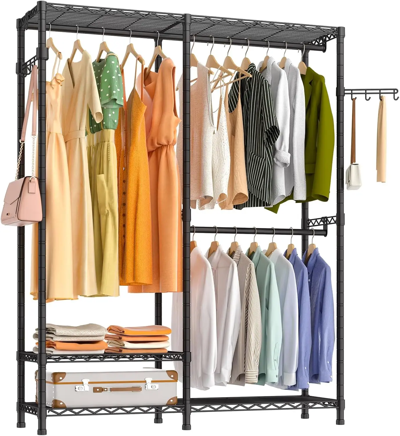 

Heavy Duty Garment Rack, Metal Closet Organizers and Storage, Wardrobe Clothing Racks for Hanging Clothes, 3 Tiers Adjustable Wi