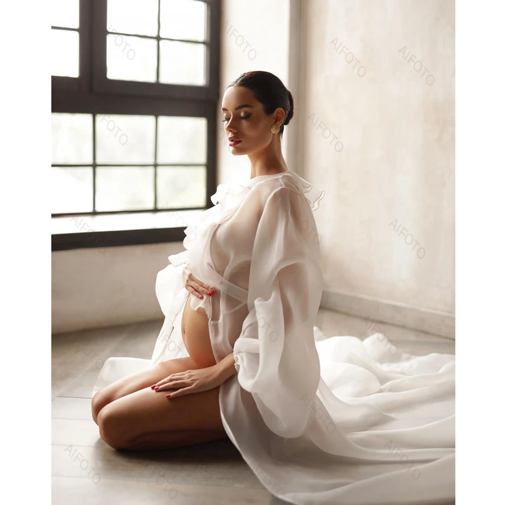 Tulle Maternity Dresses Long Sleeved Photography Dressing Pregnancy Gowns For Photo Shoot Pregnant Woman Prom Dress Ruffles Robe