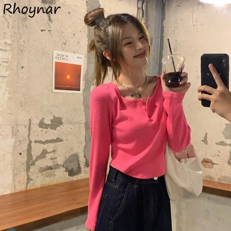 

Knitting T-shirts Women Autumn Slim Fashion Sweet All-match Simple Leiusre Streetwear Girls Tender Classic 4 Colors Daily Ladies