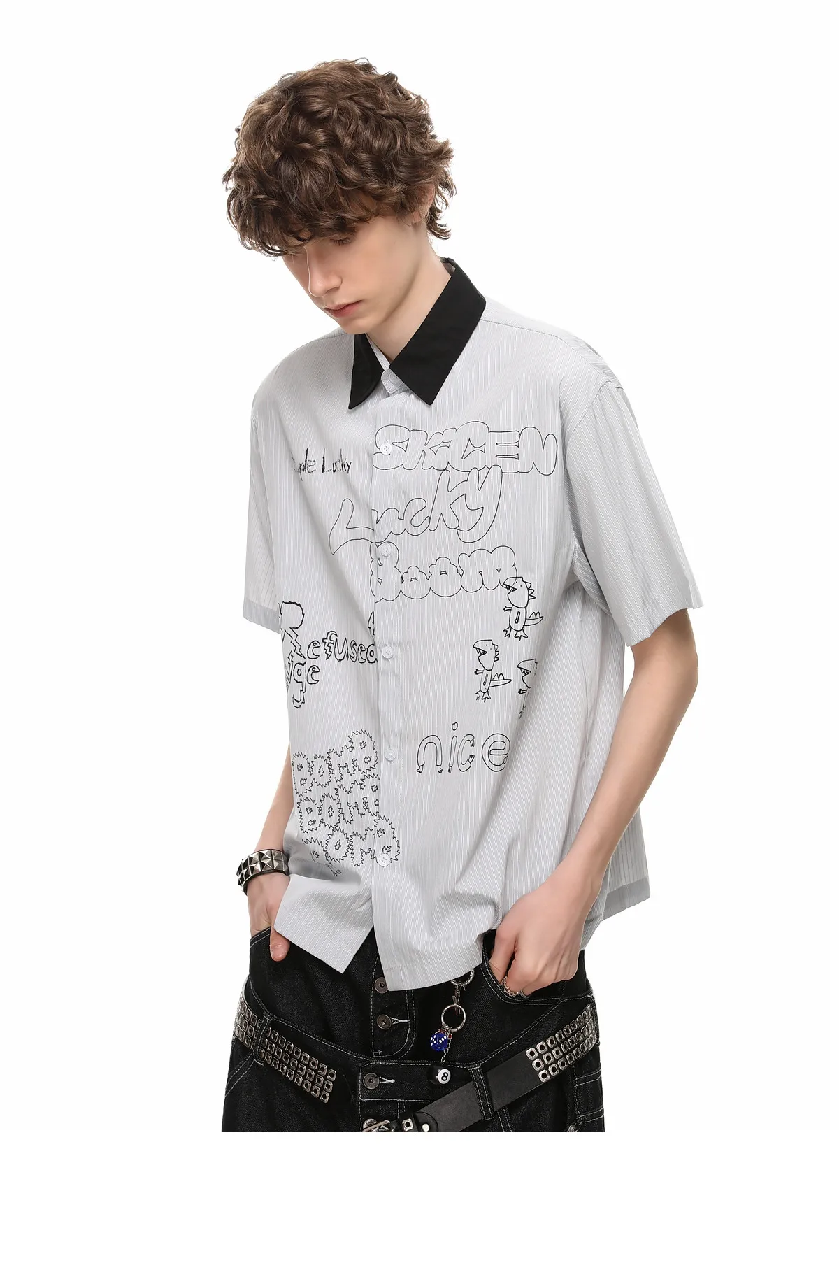 Men's Summer New American Cartoon Letter Print Striped Short Sleeve White Shirt Loose Casual Streetwear Turn-down Collar Blouse