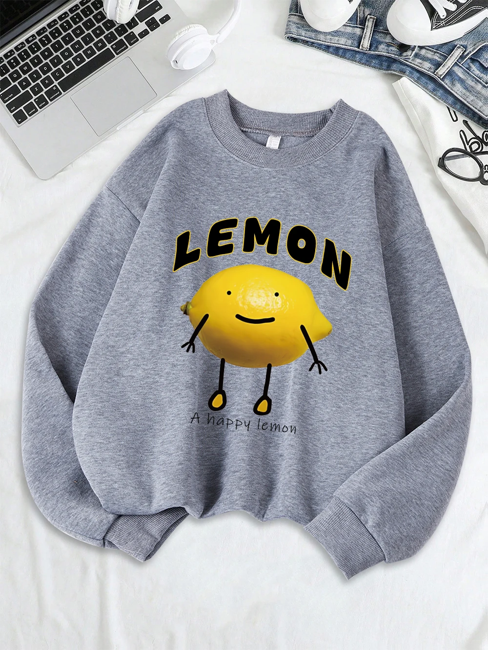 A Happy Lemon Printing Sweatshirts Women Casual Crewneck Hoodies Winter Fleece Warm Pullovers Loose Comfortable Woman Clothes
