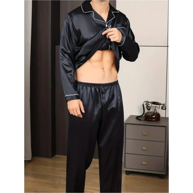 Men\'s Pajamas Set Silk Satin Sleepwear Long Sleeve Nightwear Male Home Suit Soft Loungewear Leisure Big Size Sleepsuit 2pcs/set