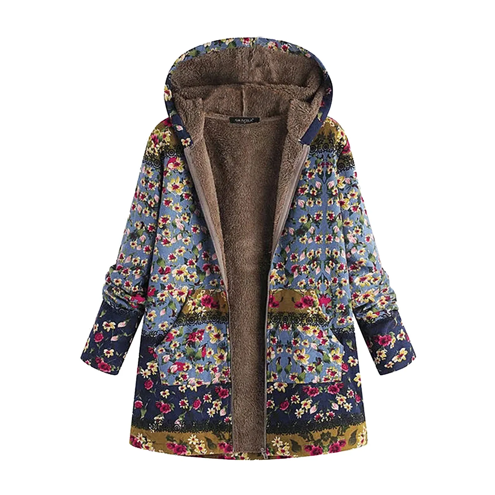 Ladies Long Sleeve Hooded Thick Composite Plush Vintage Flower Print Plus Size Hooded Jacket