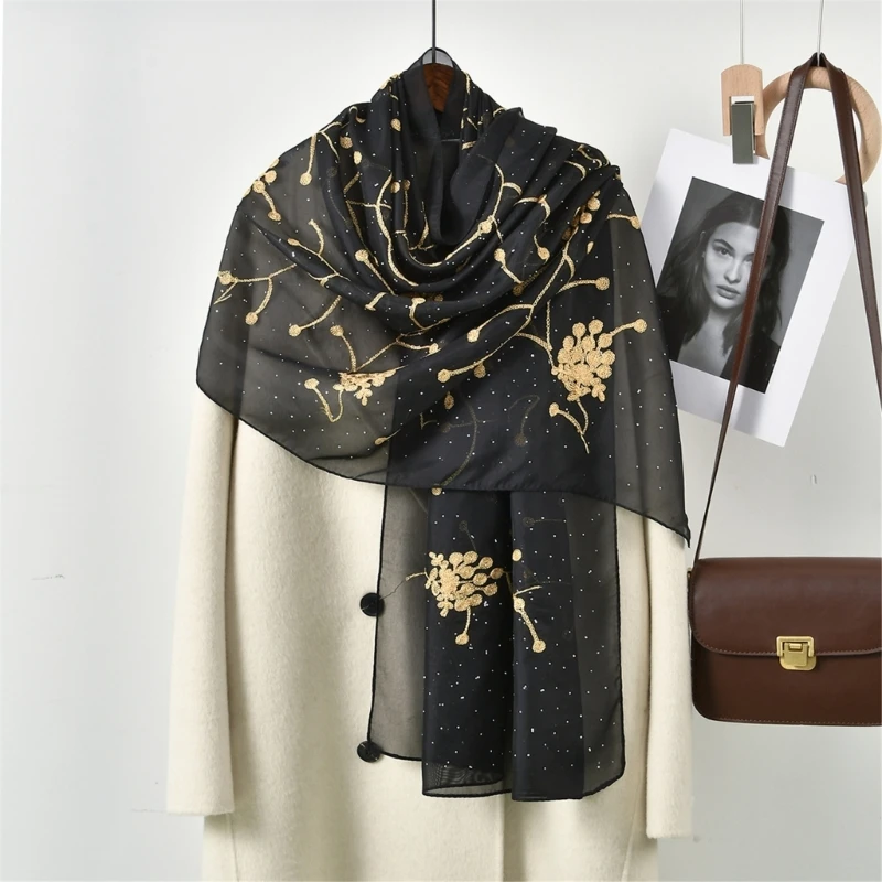 

R1WE вышивая цветочный шарф шарф турбан дышащий плечо для вечеринки для вечеринки