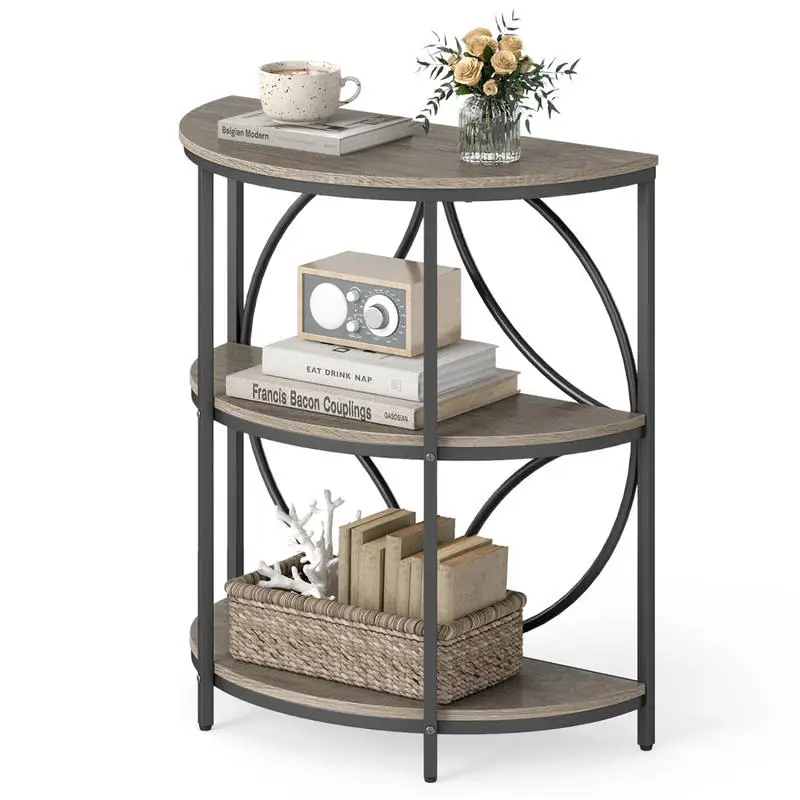 

3-Tier Half Round End Table with Study Metal Frame for Living Room-Gray