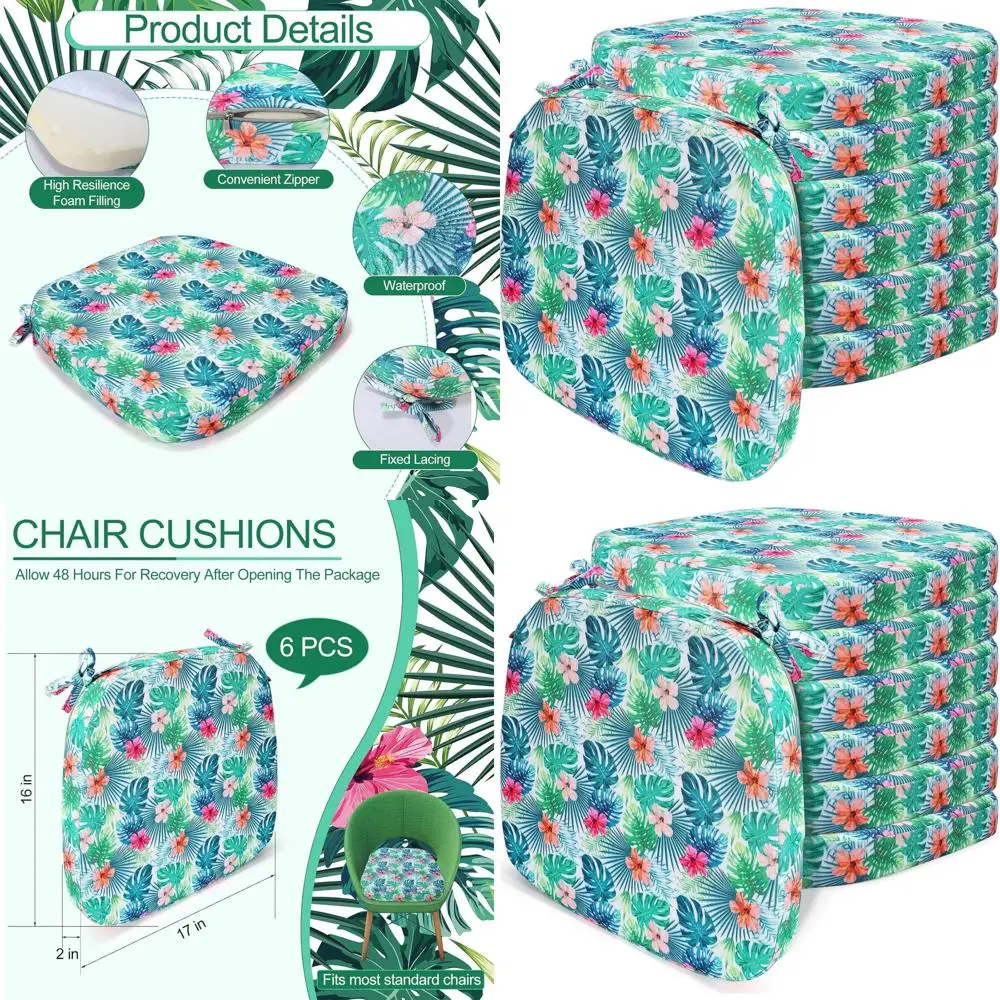 

Set of 6 Tropical Outdoor Chair Cushions, 17 x 16 x 2 Waterproof Patio Seat Cushions with Removable Covers for Garden Furniture
