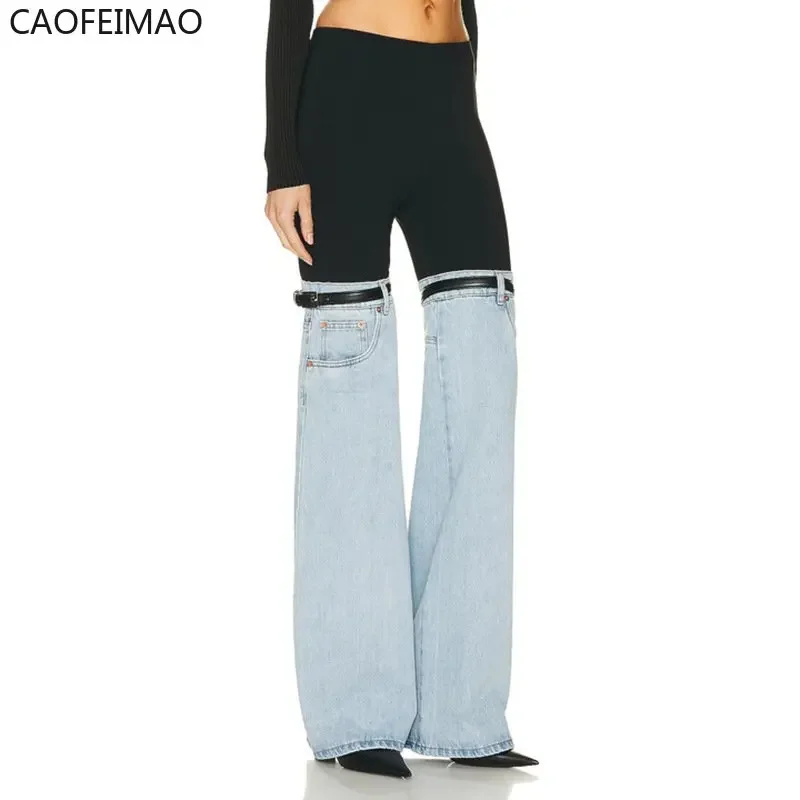 

Caofeimao Fashion Women's Jeans High Waist Straight Patchwork PU Leather Buckle Streetwear Denim Pants Spring 2023 New Trend