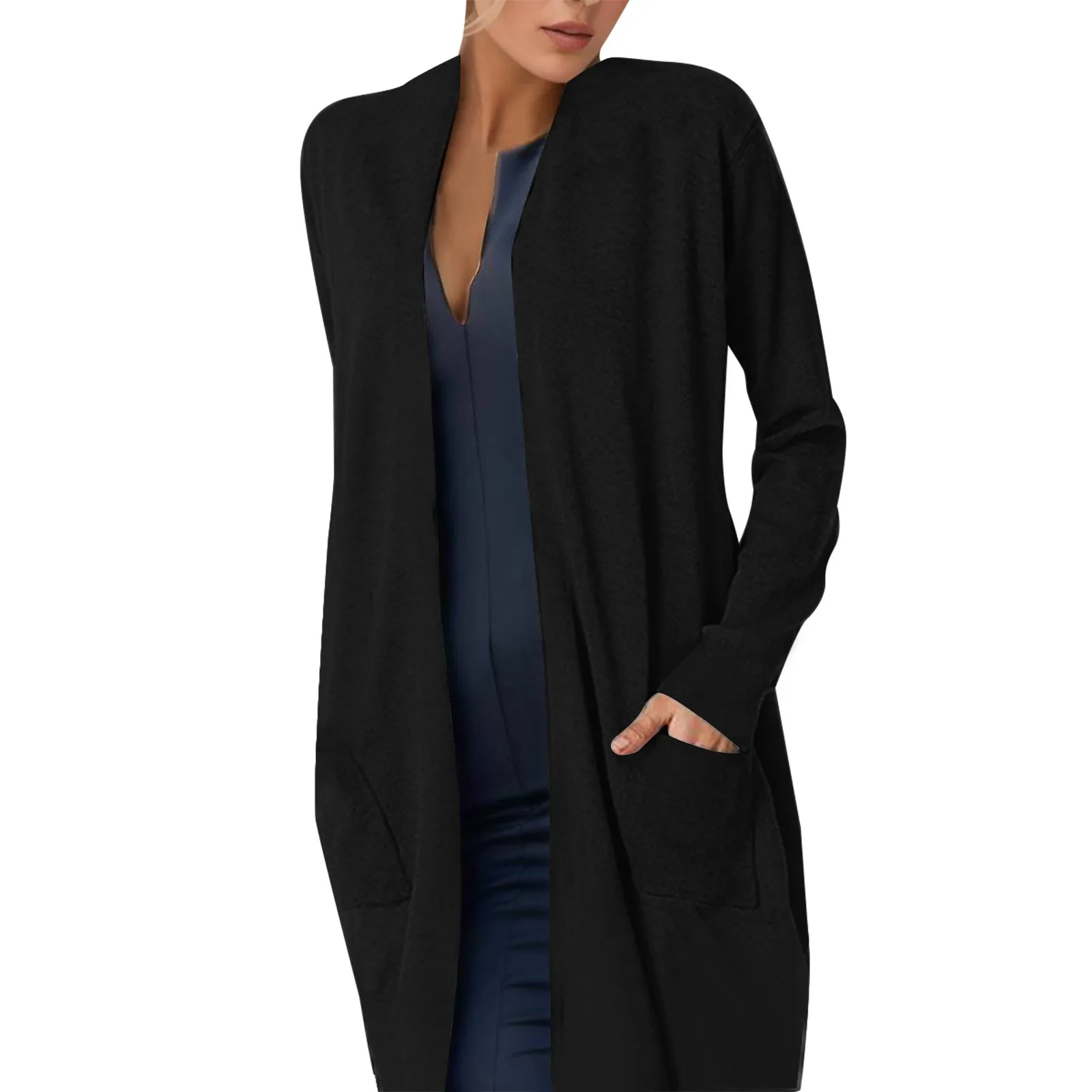 Women\'S Fashion Casual Cardigan Long Sleeve Open Front Loose Mid Long Cardigan With Pockets Ladies Black Solid Color Sweather