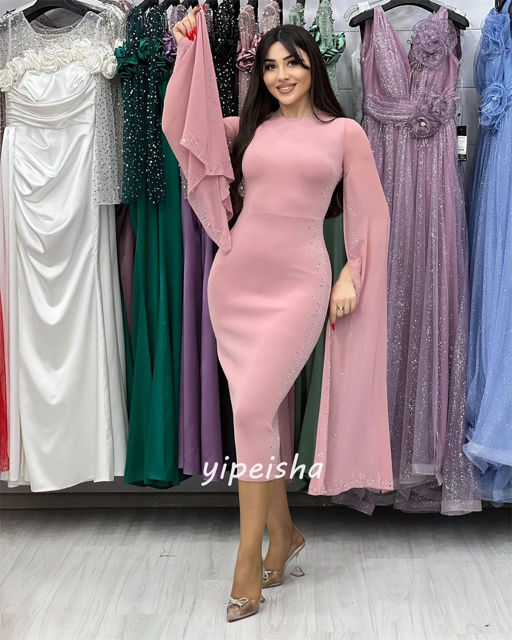   Sexy Casual   Chiffon Sequined Graduation Sheath O-Neck Bespoke Occasion Gown Midi Dresses