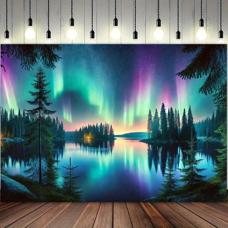 

Northern Lights Over Lake Tapestry Wall Hanging Art Decor Magical Aurora Sky And Forest Scene For Living Room Bedroom non-toxic