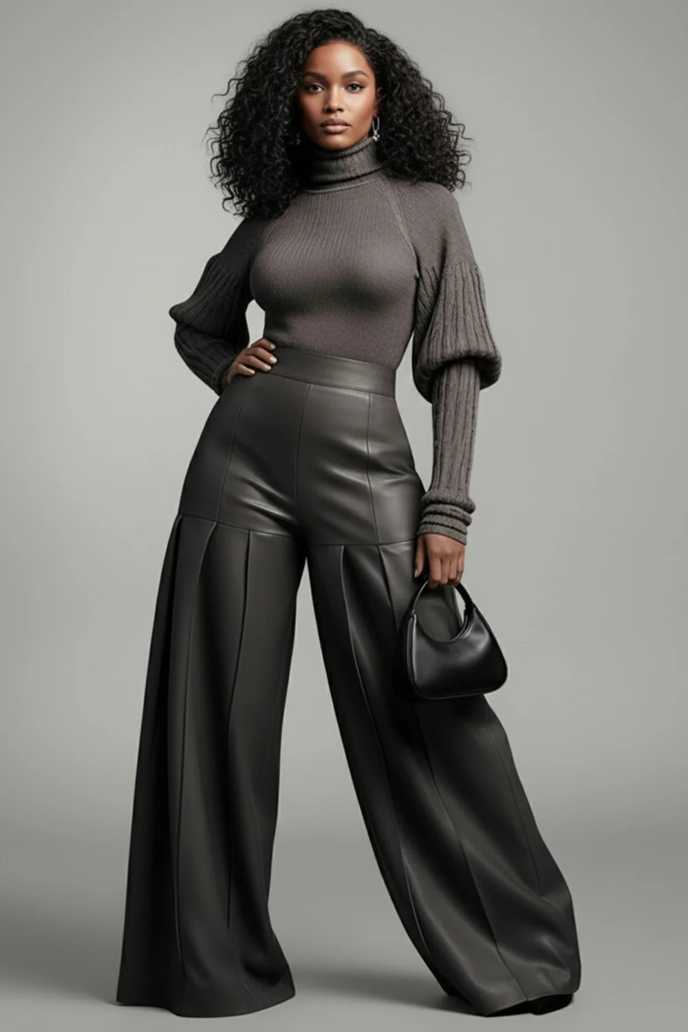 Plus Size Business Casual Grey Pocket Casual Wide Leg PU Leather Pants view 3