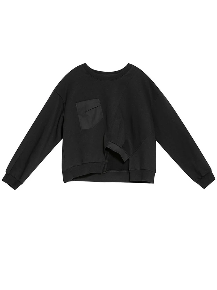 [EAM] Loose Fit Black Irregular Sweatshirt New Round Neck Long Sleeve Women Big Size Fashion Tide Spring Autumn 2024 1DF1321