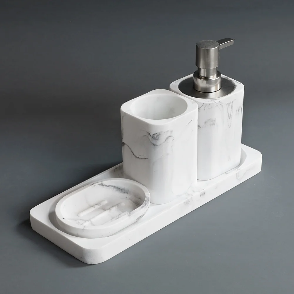 Bathroom Accessory Marble Look Includes Lotion Dispenser Soap Pump Tumbler Saop dish Cotton swab box and Tray