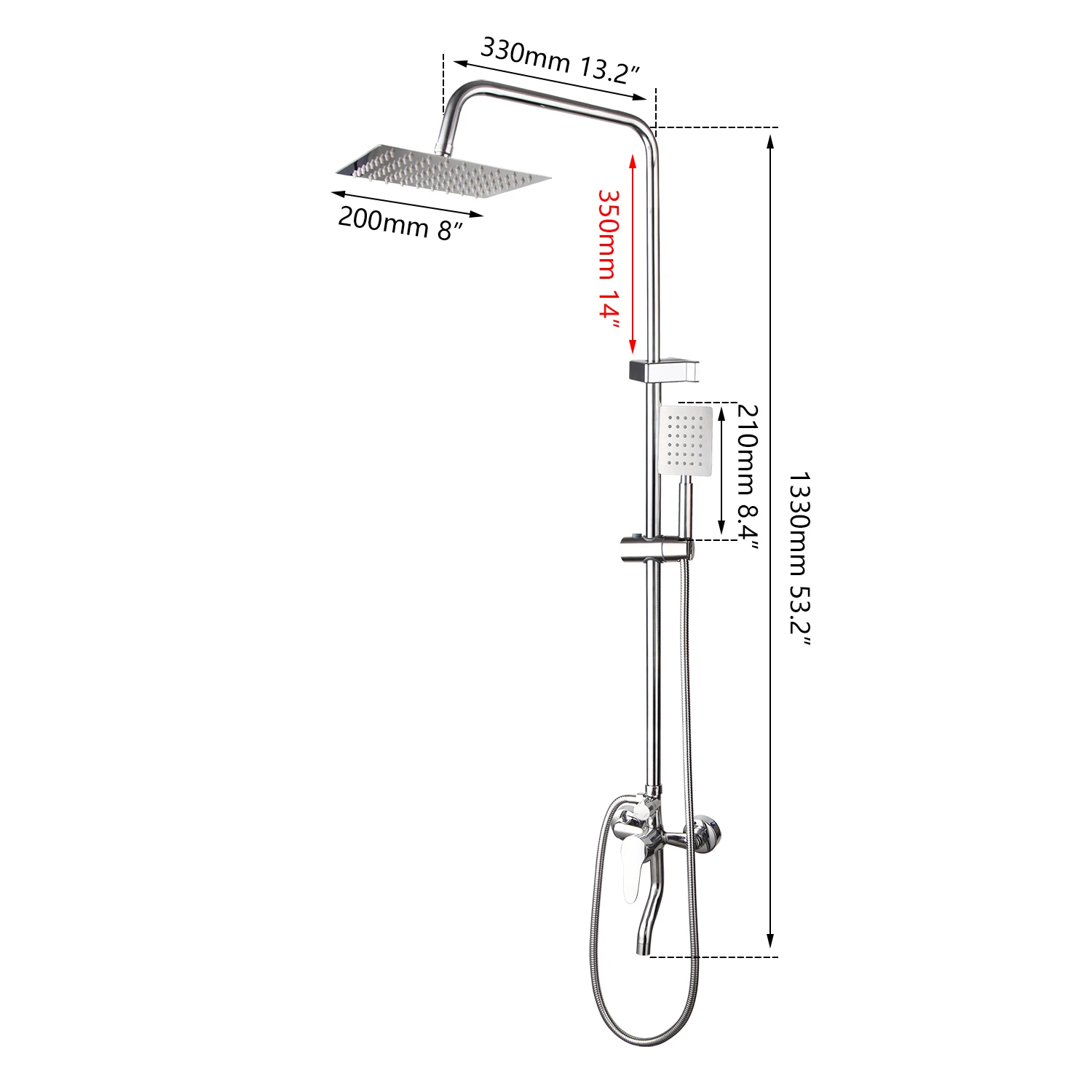 OUBONI Chrome Polish 8 Inch Bathroom Faucets Set Adjust Height Stainless Steel 2 Functions Rainfall Shower Head Mixer Faucet