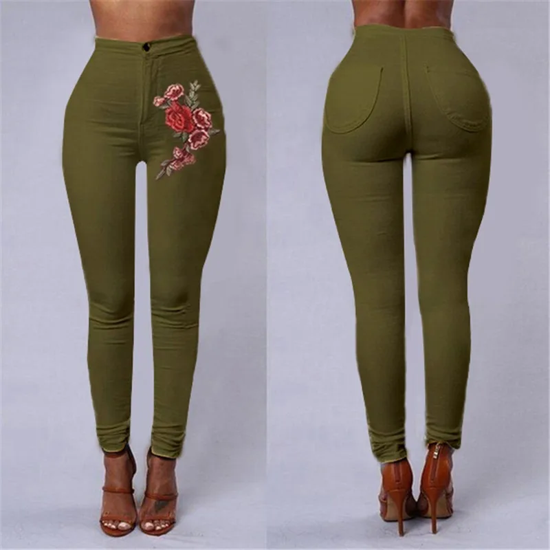 Embroidery Flower Pants Women's High Waist Stretch Pencil Pants Skinny Spring Autumn Casual Pencil Pants Simple All-Match