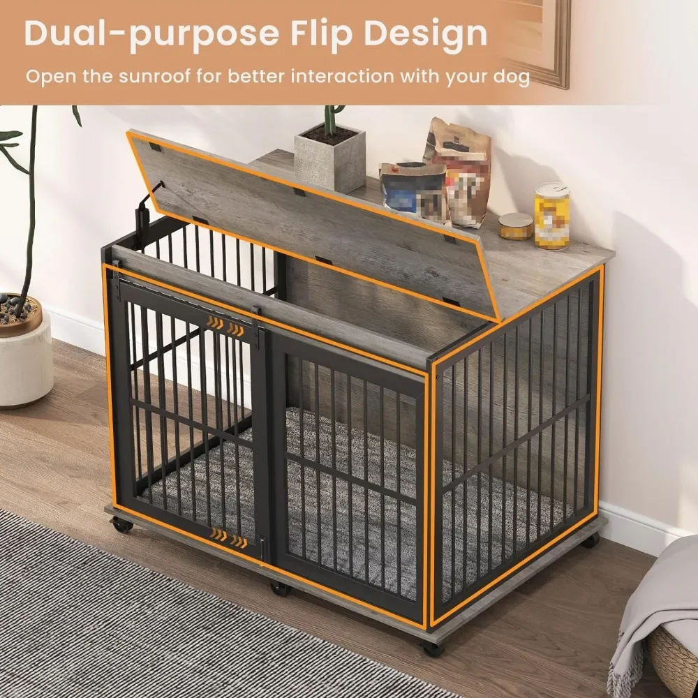 43.7'' Dog Crate with Cushion for Medium to Large Pets,Heavy Duty Indoor Puppy Kennel with Flip-up Top and Sliding Door, Grey