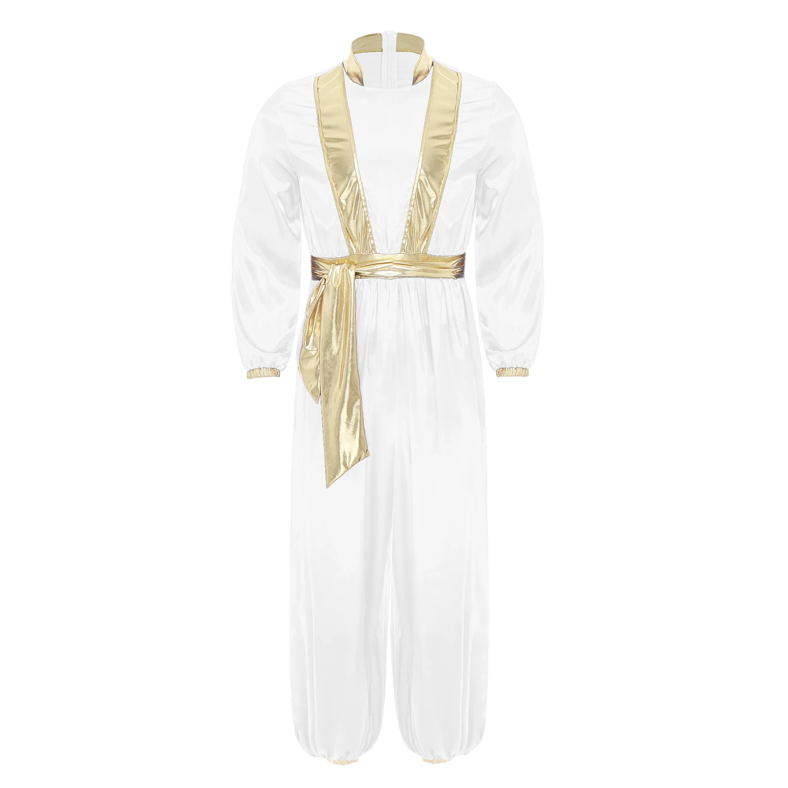 

Mens Arabian Prince Fairy Tale Cosplay Halloween Costume Back Zipper Gold Shiny Metallic Arabian Arab King Costume Clubwear