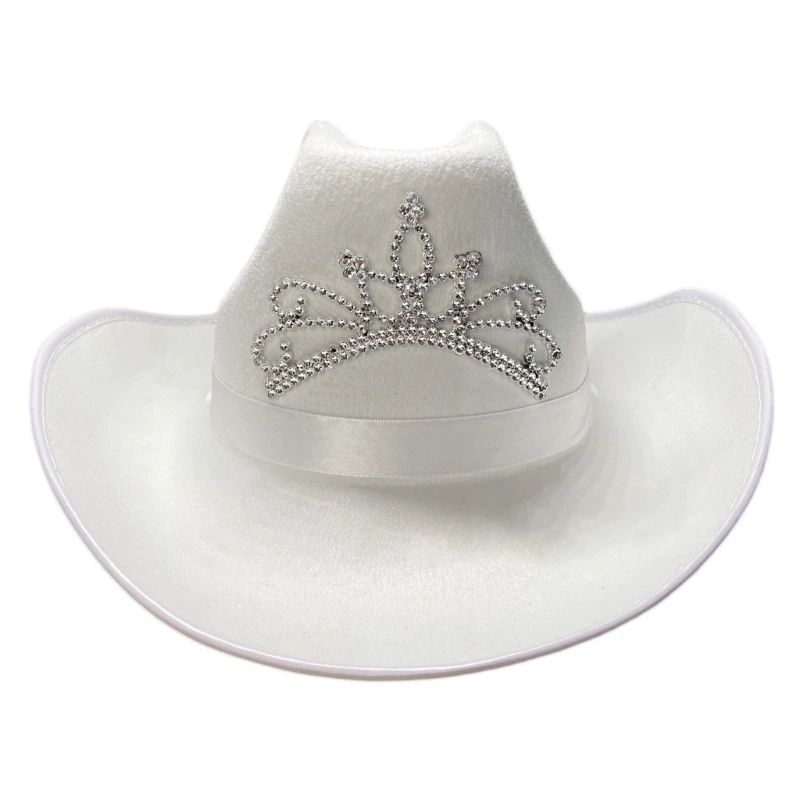 White Cowgirl Hats Cow Girl Hat with Rhinestones Crown Tiara Adjustable Strings Adult Size Cowboy Hat for Party