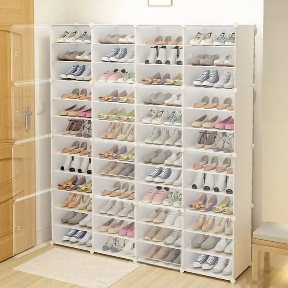 Portable Shoe Rack Organizer with Door, 96 Pairs Shoe Storage Modular Cabinet, Plastic Adjustable Box Shelves Stackable