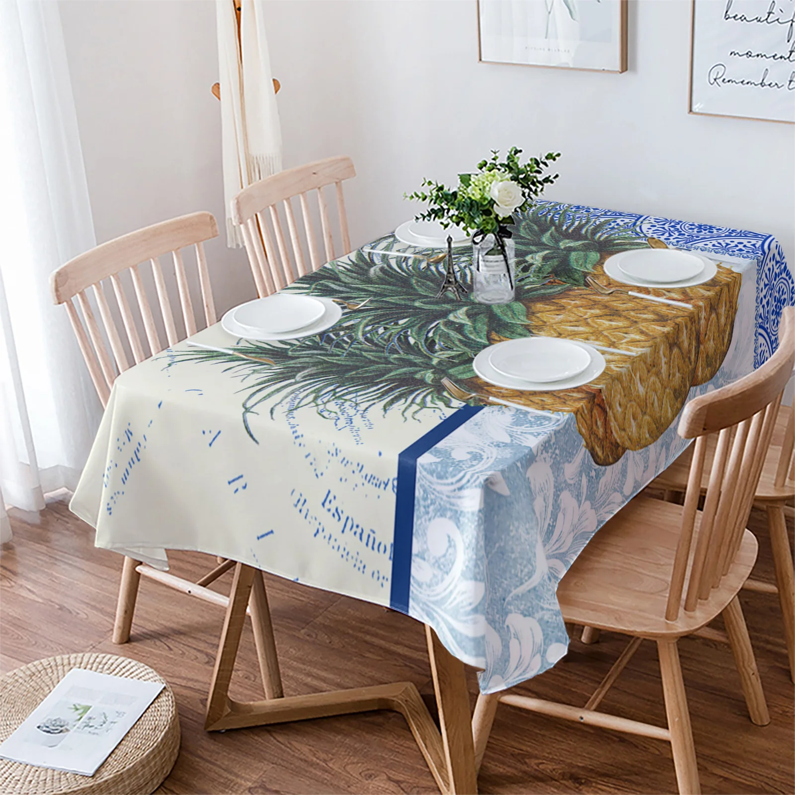 

Blue And White Porcelain Texture Pineapple Tablecloth Waterproof Dining Table Rectangular Round Home Kitchen Decoration