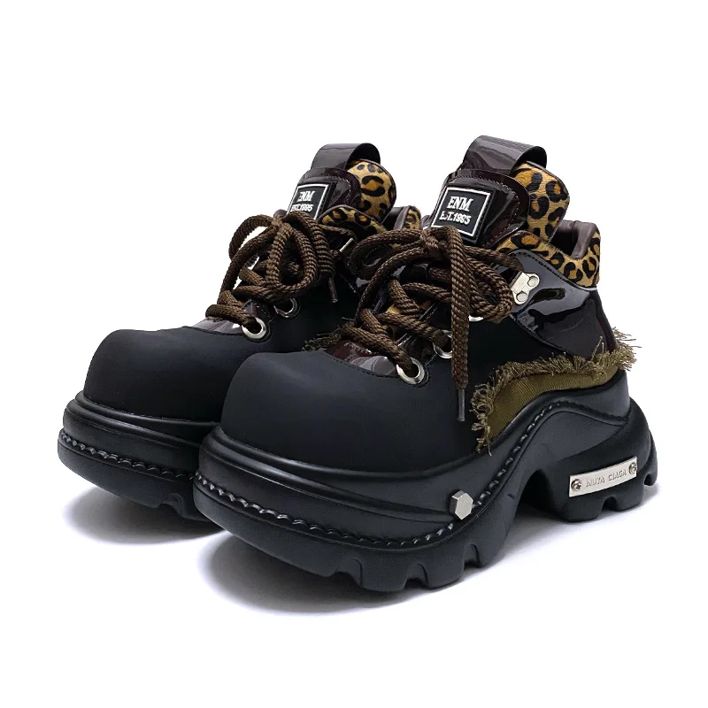 

Women's Leopard Print Platform Sneakers Y2K Harajuku Street Thick Sole Gothic Punk Shoes for Womens Retro Big Head Leather Shoes