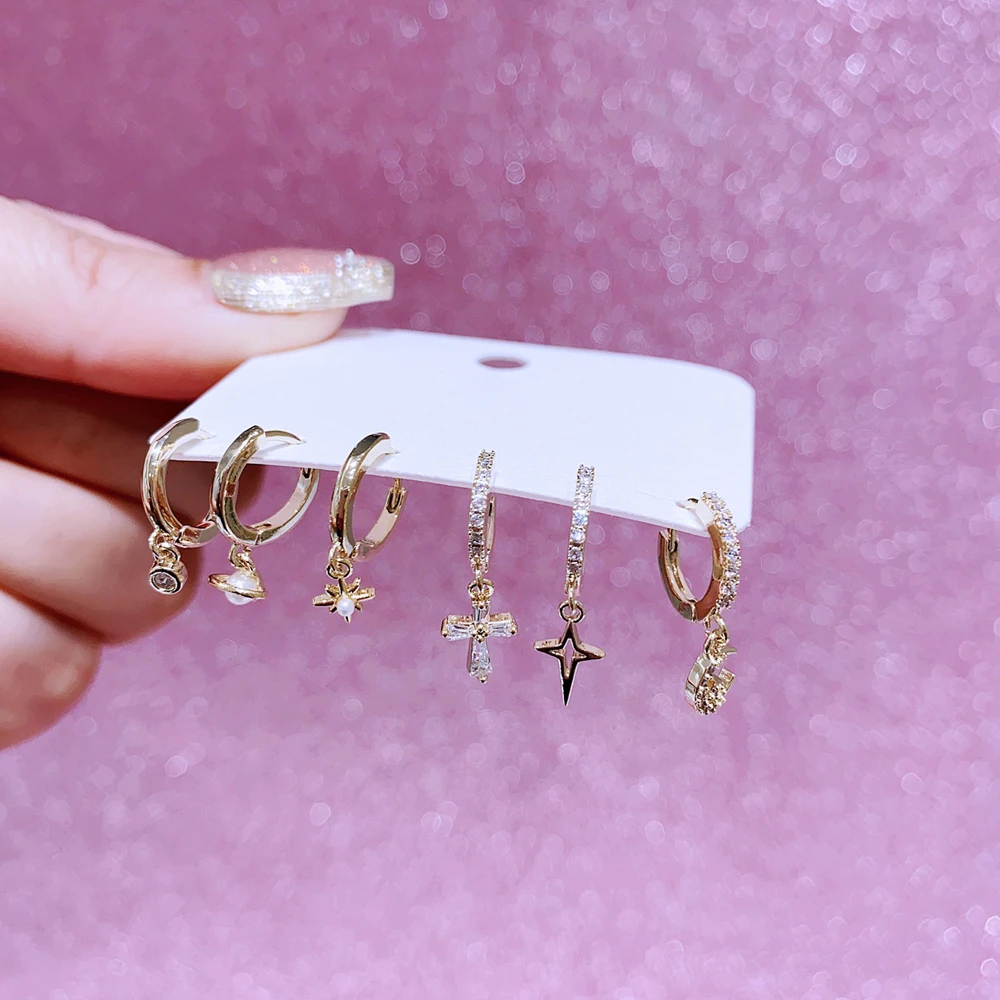MIGGA 6pcs Cubic Zircon Saturn Moon Star Dangle Earrings Set Gold Plated Women Huggie Earrings Jewelry image 4