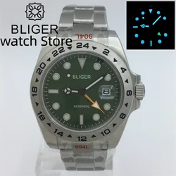 BLIGER 43mm DG3804 GMT Casual Men's Mechanical watch Blue luminous Green Dial Date Sapphire Glass Stainless Steel Bracelet