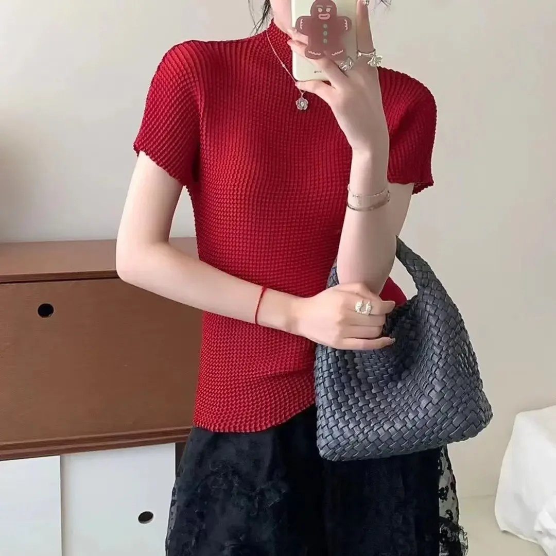 2023 Summer New Tofu Pleated Pleated Top Women's T-shirt with Four Sides Elastic Casual Pleated Clothes