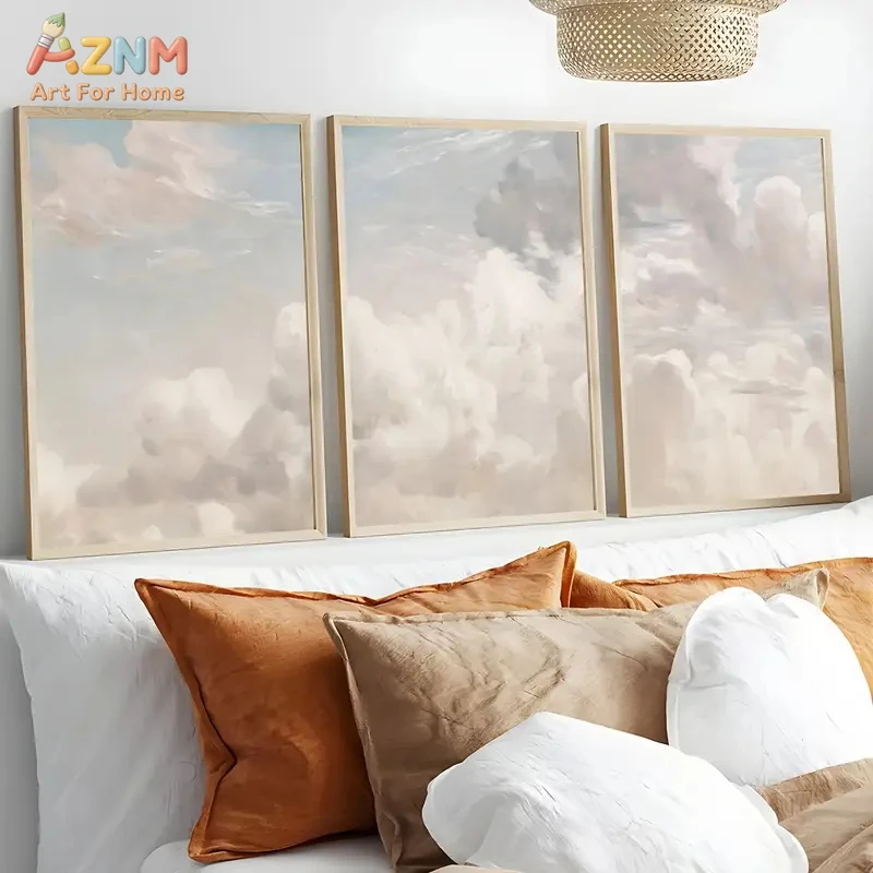 3PCS Soft Pastel Cloud Canvas Prints Set Abstract Sky Watercolor Wall Art Posters for Living Room Bedroom Neutral Minimalist Hom