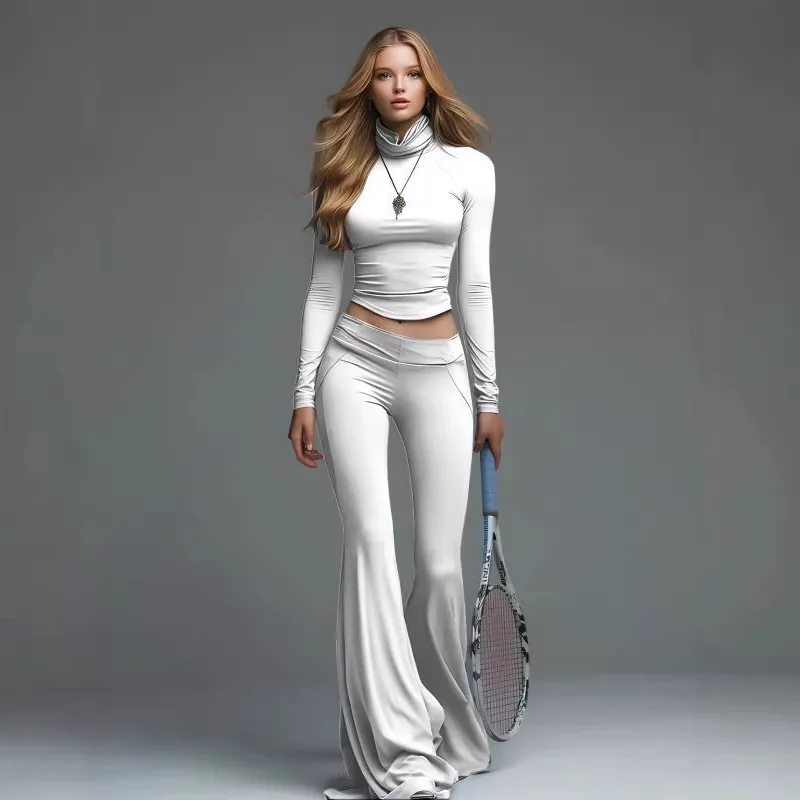 

2026 women's sports and leisure suit high neck long sleeved high waisted flared pants two-piece set high